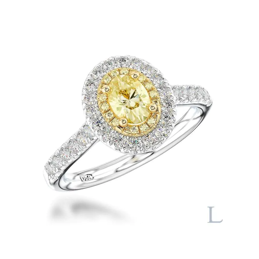 Platinum &18ct Yellow Gold 1.50ct FY SI1 Oval Cut Yellow Diamond and Diamond Halo Ring