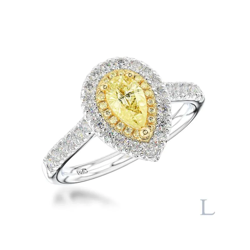 Platinum &18ct Yellow Gold 0.71ct FY SI2 Pear Shape Cut Yellow Diamond Halo Ring