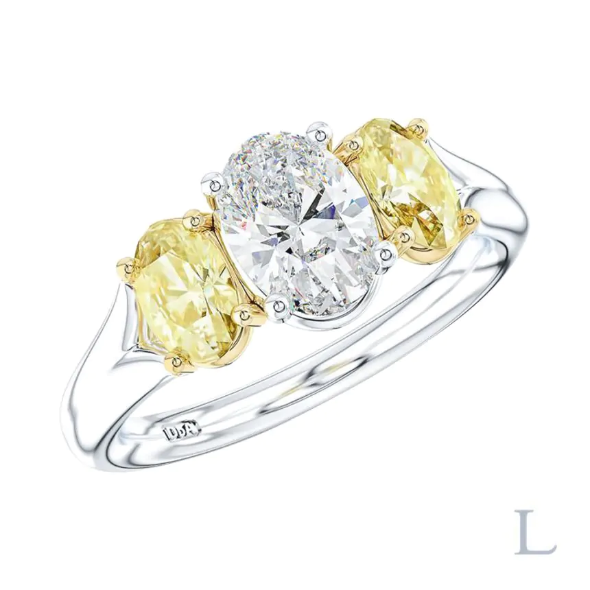 Platinum & 18ct Yellow Gold 1.00ct F SI1 Oval Cut Diamond and Yellow Diamond Three Stone Ring