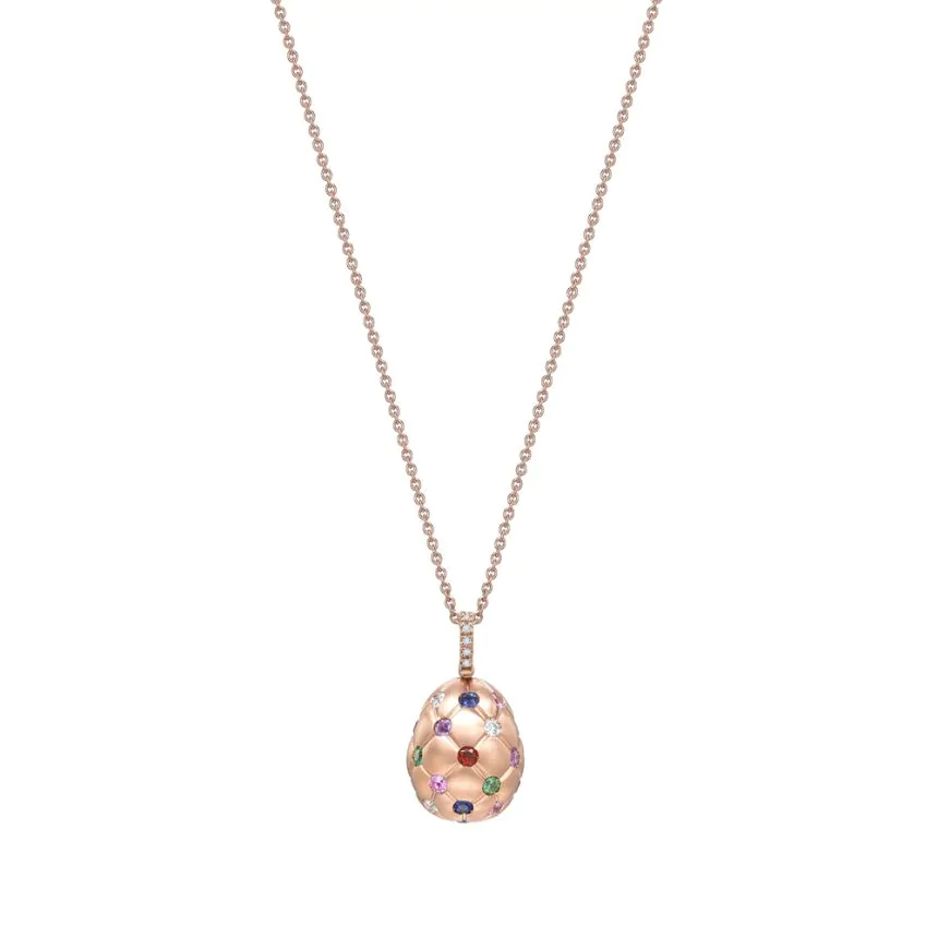 Fabergé Treillage Brushed Rose Gold & Multicoloured Gemstone Set Egg Pendant 158FP304