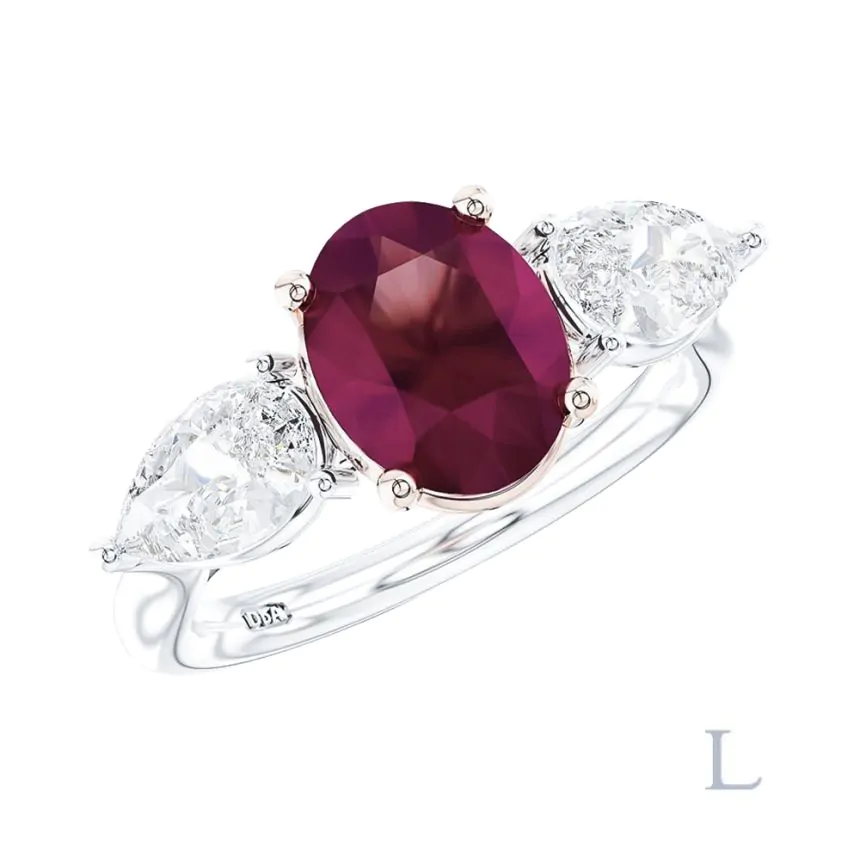 Platinum & 18ct Rose Gold 1.20ct Oval Cut Ruby and Diamond Three Stone Ring