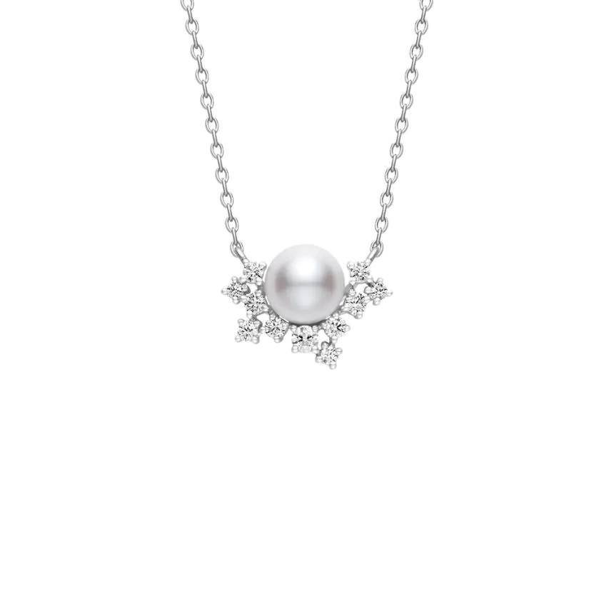 Mikimoto Classic Elegance 18ct White Gold Pearl and Diamond Half Cluster Pendant