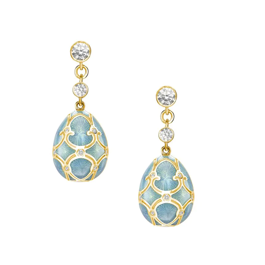 Fabergé Heritage Yellow Gold, Diamond & Turquoise Guilloché Enamel Egg Drop Earrings 387EA1447
