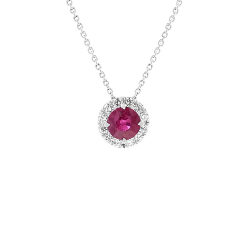 18ct White Gold 0.80ct Ruby and 0.22ct Diamond Halo Pendant and Chain