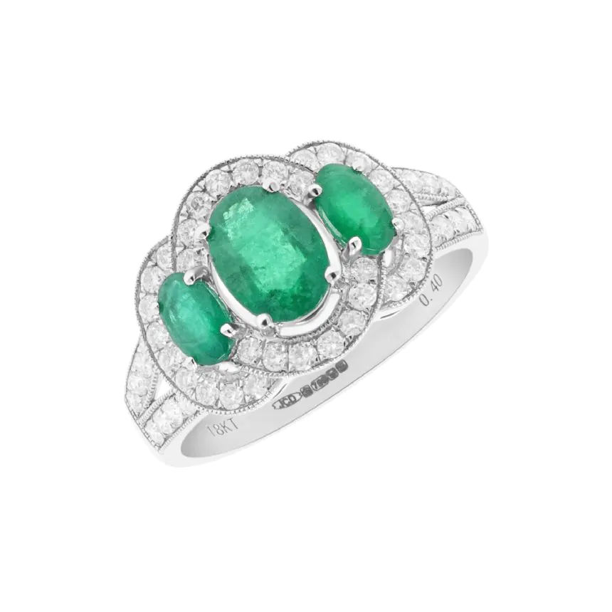 18ct White Gold 0.80ct Emerald and 0.66ct Diamond Three Stone Ring