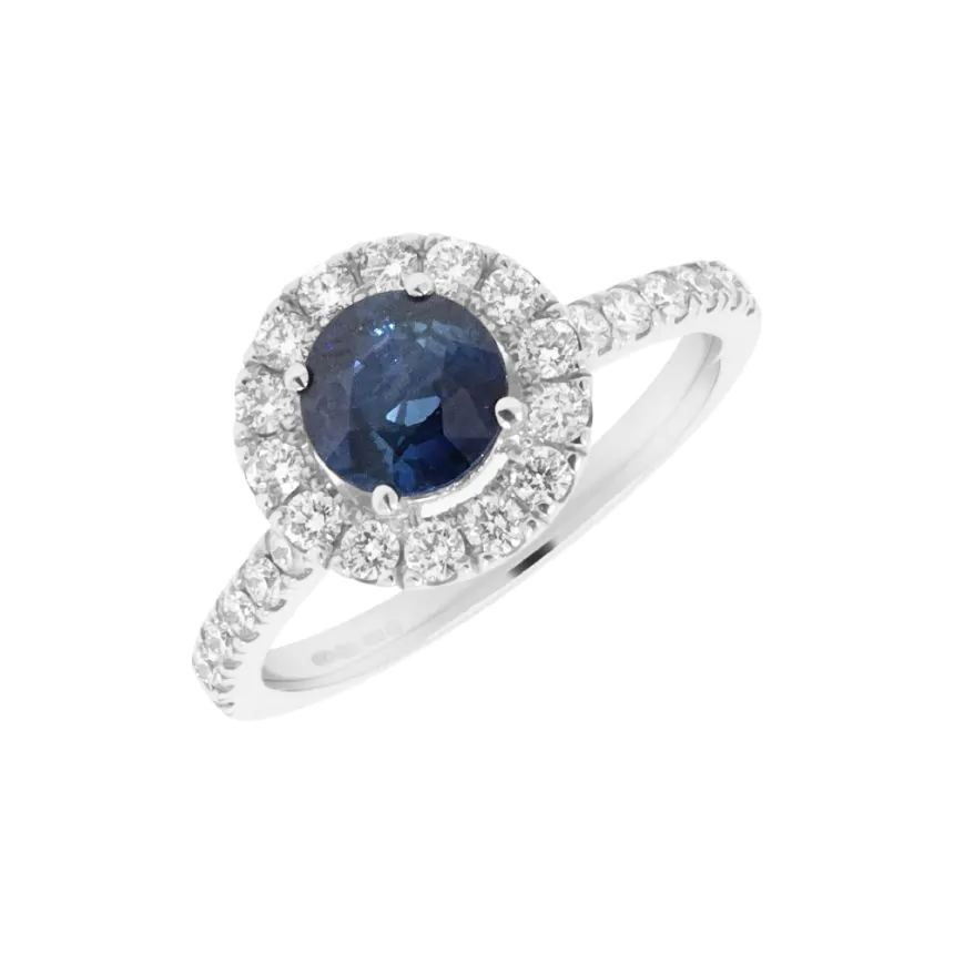 18ct White Gold 1.12ct Sapphire and 0.63ct Diamond Halo Ring
