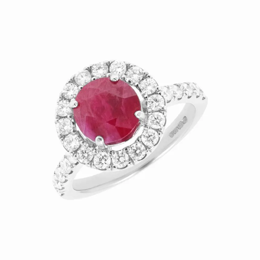 18ct White Gold 2.93ct Ruby and 0.84ct Diamond Halo Ring