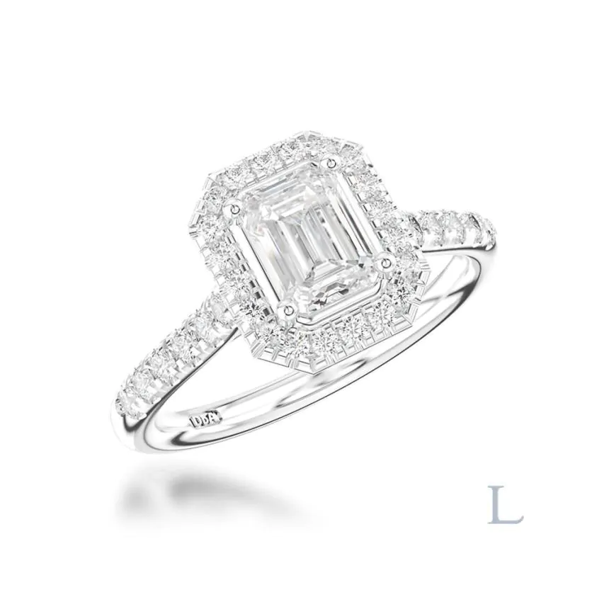 Platinum 0.70ct D VS1 Emerald Cut Diamond Halo Ring