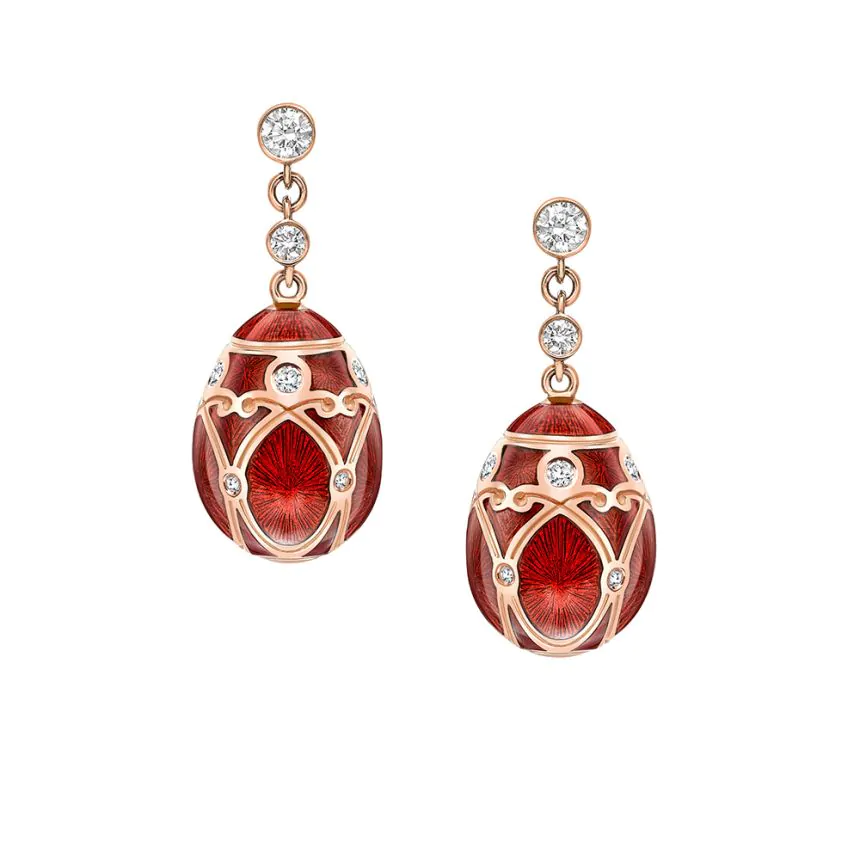 Fabergé Heritage Palais Rose Gold Diamond & Red Guilloché Enamel Egg Drop Earrings 389EA1863