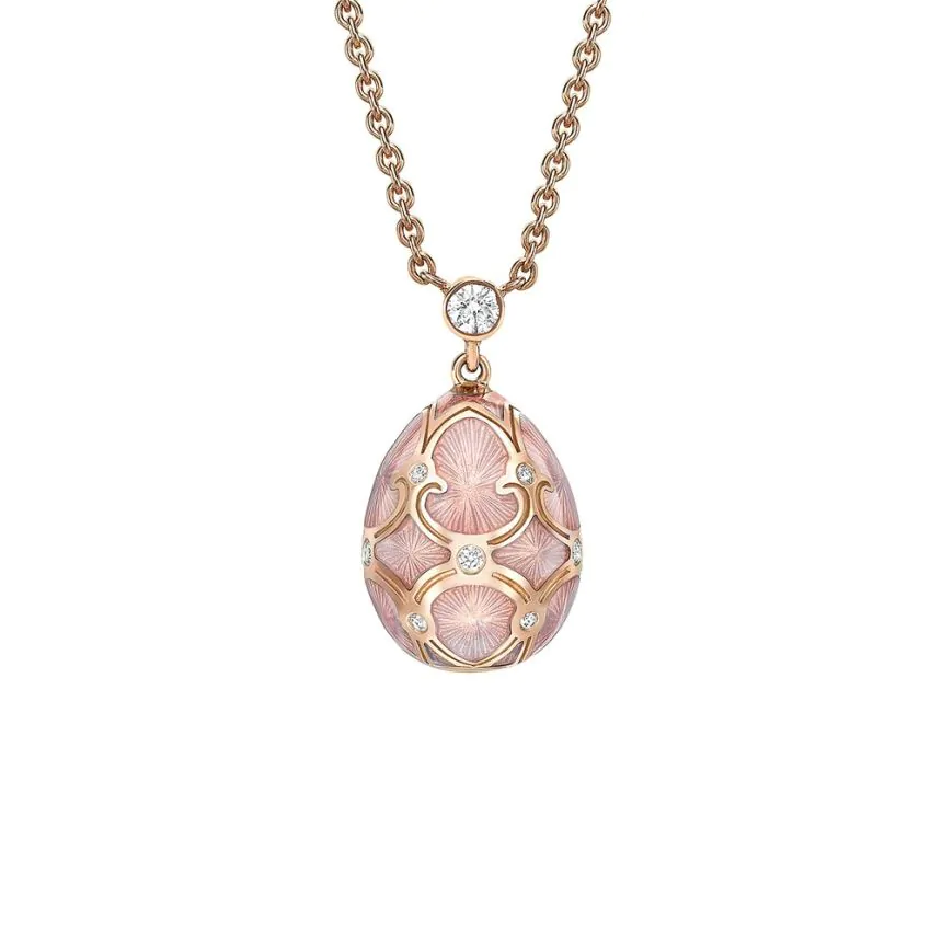 Fabergé Heritage Rose Gold Diamond & Pink Guilloché Enamel Petite Egg Pendant 1152FP1441/124