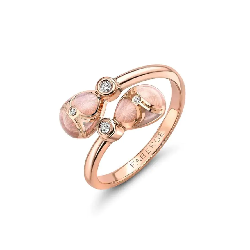 Fabergé Heritage Rose Gold Diamond & Pink Guilloché Enamel Crossover Ring