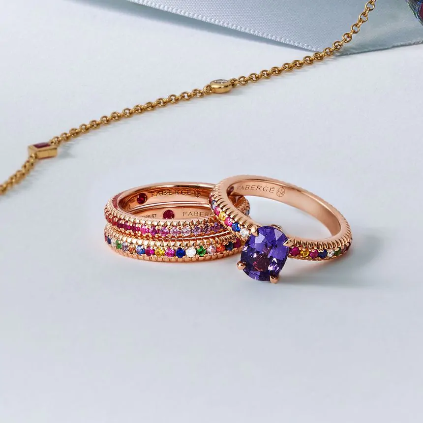 Fabergé Colours of Love Rose Gold & Rainbow Multicoloured Gemstone Fluted Eternity Ring 847RG2566