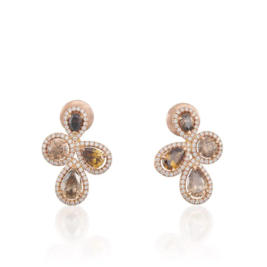 18ct Rose Gold Handcrafted Brown and White Diamond Cluster Drop Earrings