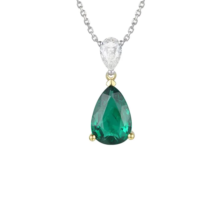 18ct Yellow & White Gold Emerald and Diamond Claw Set Pendant and Chain