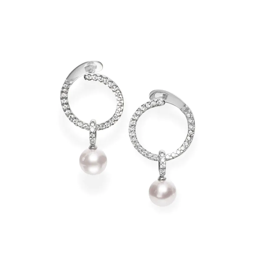 Mikimoto Classic 18ct White Gold Diamond and Pearl Hoops