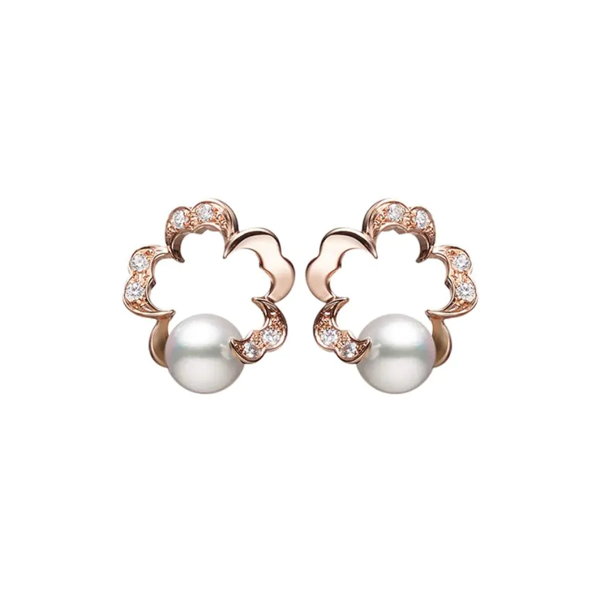 Mikimoto 18ct Rose Gold Cherry Blossom Pearl and Diamond Stud Earrings