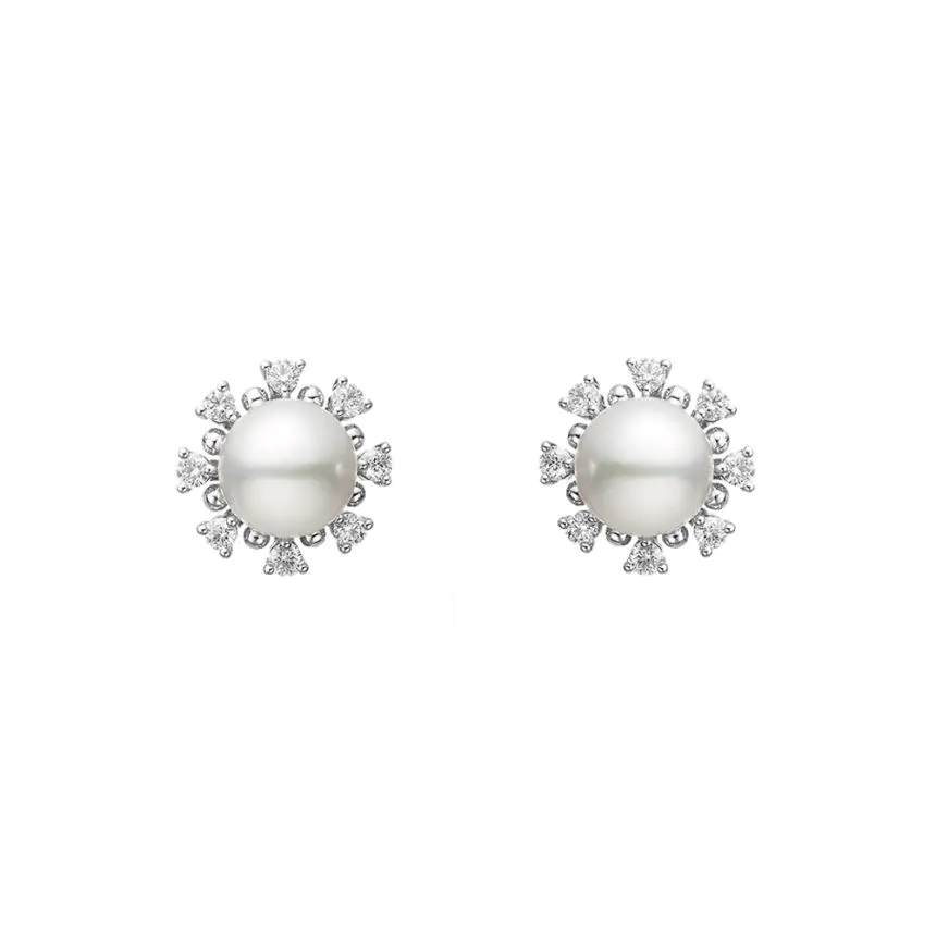 Mikimoto Classic Elegance 18ct White Gold Akoya Pearl and Diamond Cluster Earrings