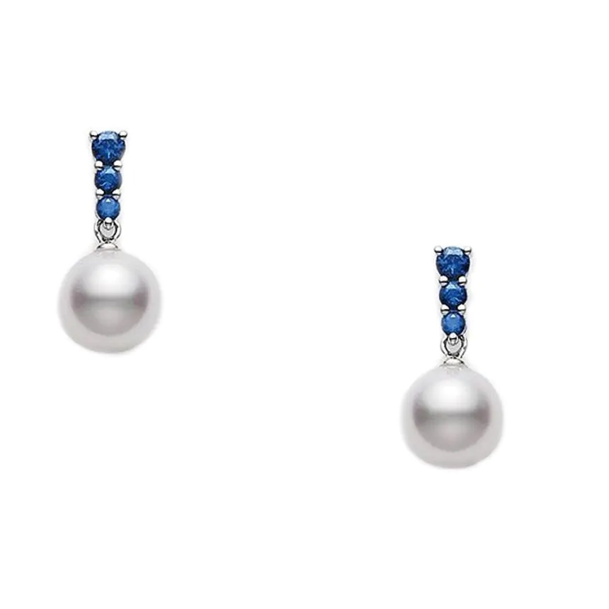 Mikimoto Morning Dew18ct White Gold 0.30ct Sapphire and Pearl Drop Earrings