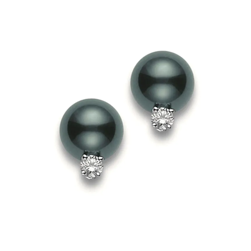 Mikimoto Classic Collection 18ct White Gold Diamond & Black South Sea Pearl Stud Earrings