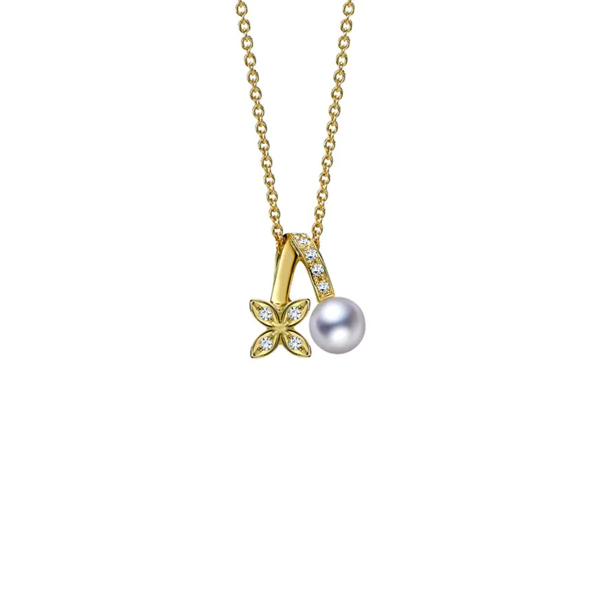 Mikimoto Classic 18ct Yellow Gold White Pearl and Diamond Pendant