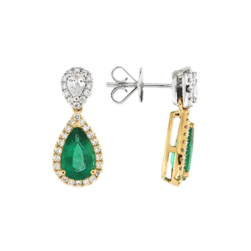 18ct Yellow & White Gold Emerald and Diamond Drop Earrings