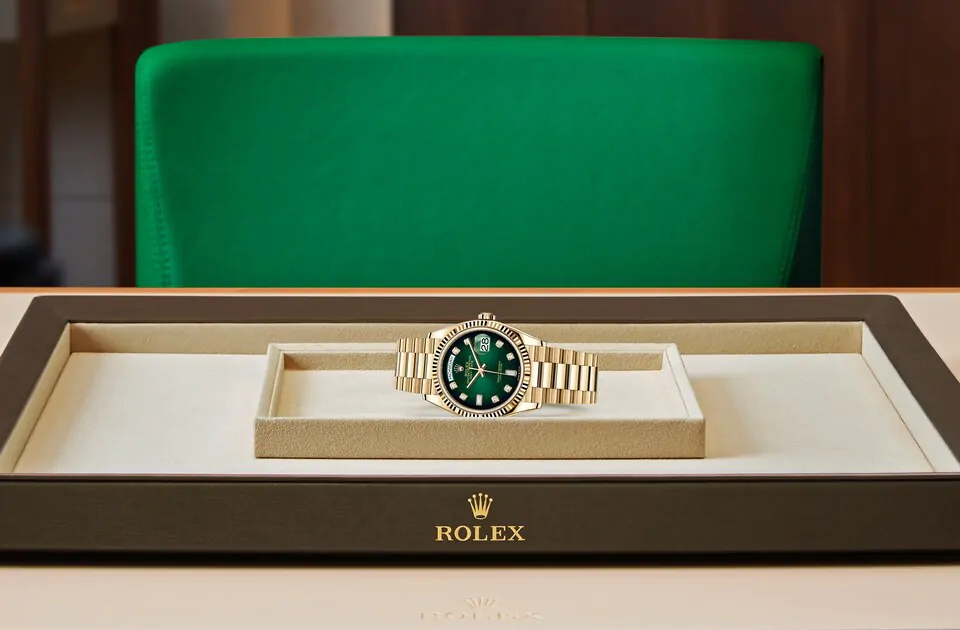 Rolex Day-Date 36 M128238-0069 watch on tray