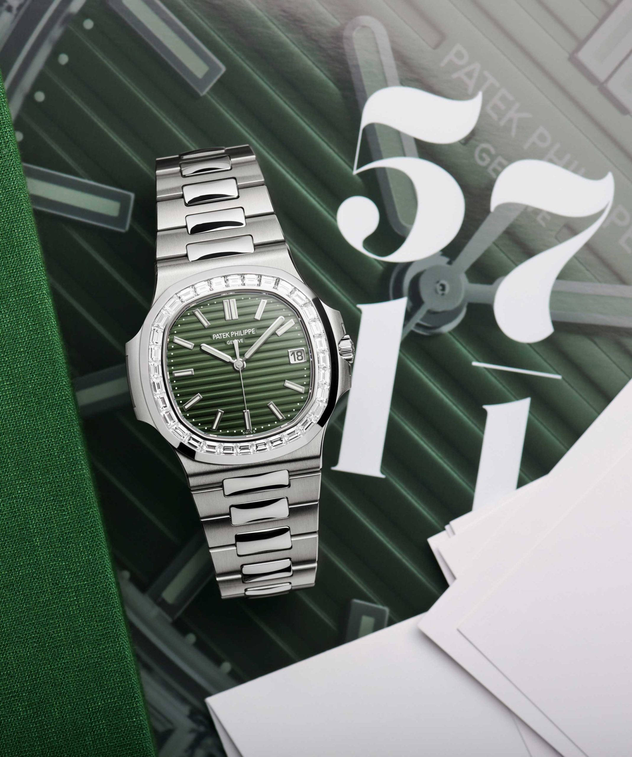 57111A-014 Nautilus with sunburst olive green dial