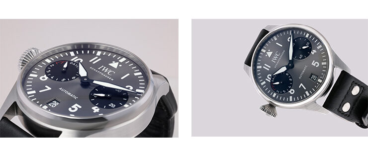 two images of an IWC pre-owned watch with a black dial