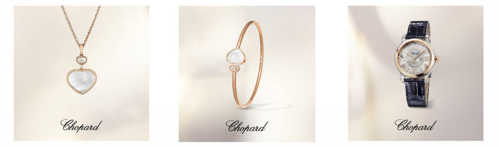 A necklace, bangle and watch from the Chopard Happy Diamonds collection