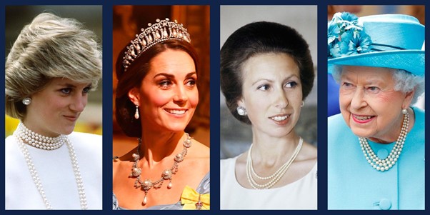A collection of ladies in the Royal family wearing pearl jewellery