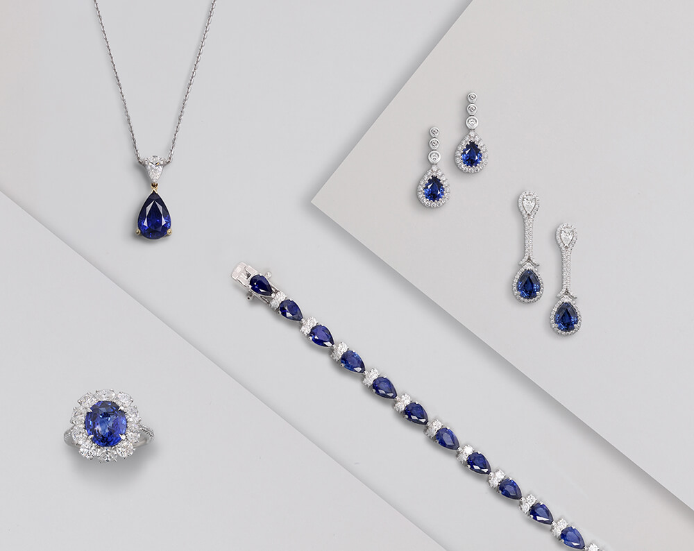 Laings Sapphire Jewellery Collection. Pictured: bracelet, earrings, ring and necklace.