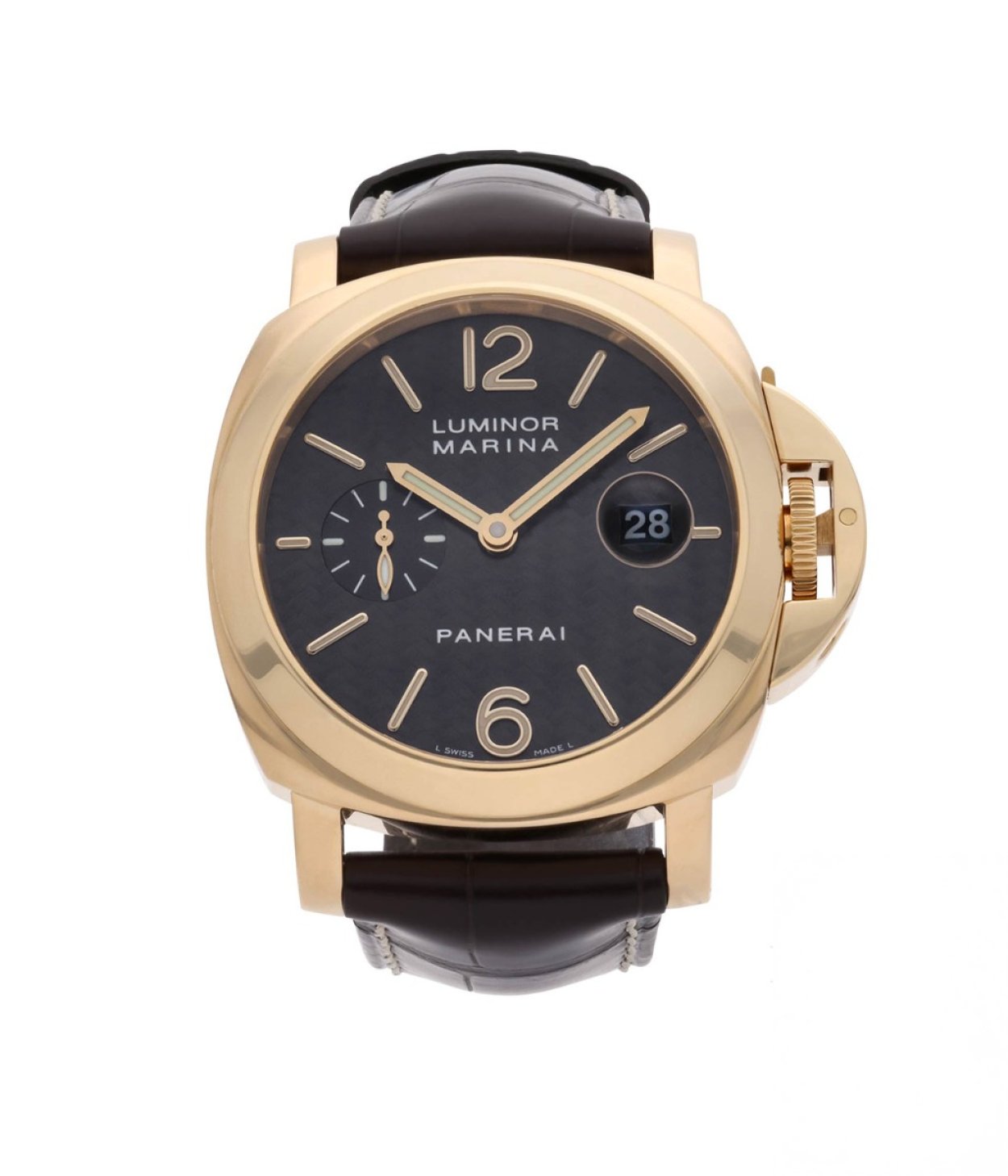 Close-up of 44mm Panerai watch with gold bezel and black leather strap, beside text promoting expert top pre-owned picks.
