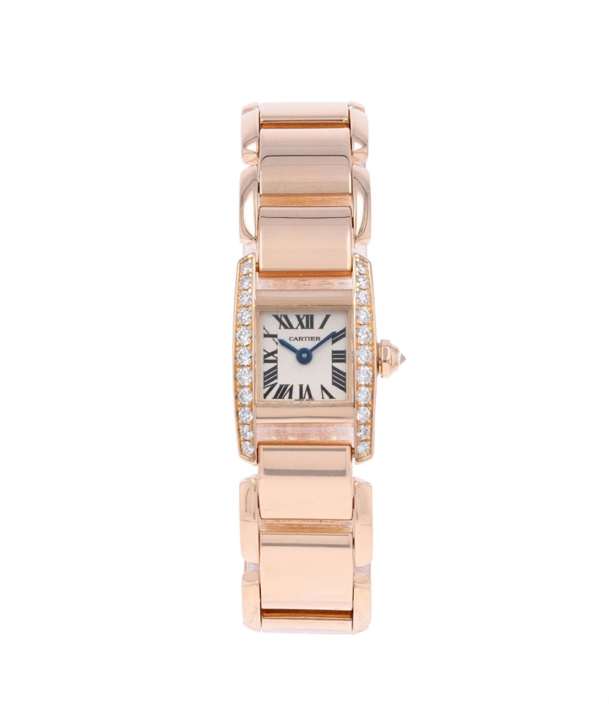 Close-up of 17mm Cartier watch with rose gold bezel and bracelet , beside text promoting expert top pre-owned picks.