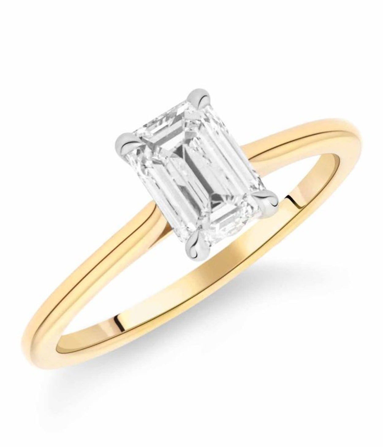 An emerald cut diamond engagement ring in 18ct yellow gold