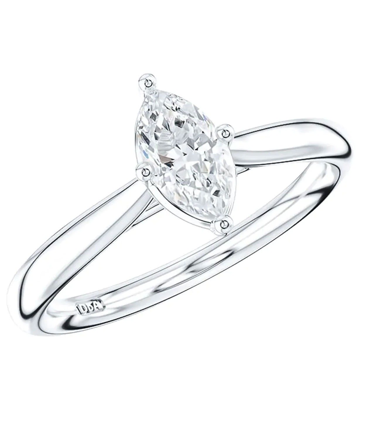 A marquise cut diamond engagement ring fully set in platinum.