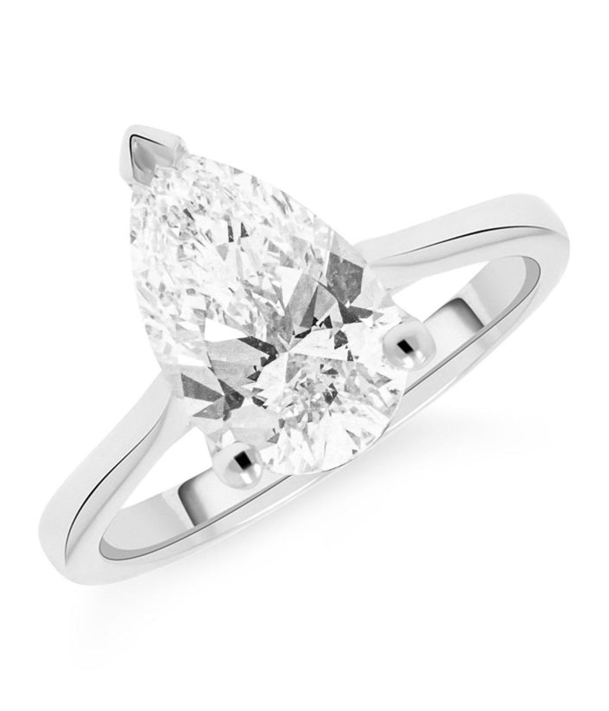 A pear cut diamond engagement ring with a platinum band and claws.