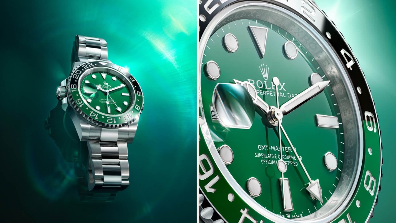 close-up of the new green dial and green/black bezel of the GMT-Master II watch
