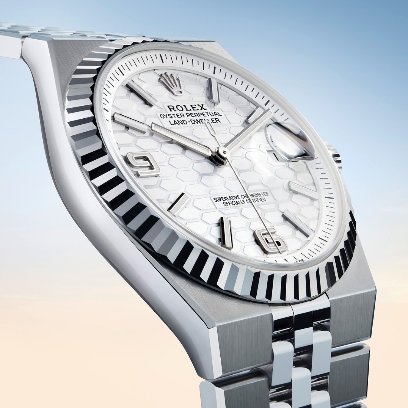 Close-up details of the honeycomb dial in iwhite, on a platinum Land-Dweller model
