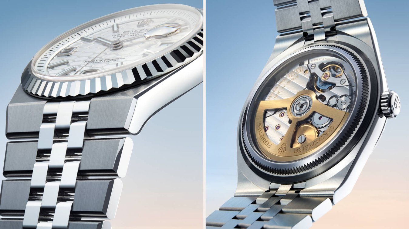 Details of the Land-Dweller Flat Jubilee bracelet and movement through the sapphire crystal caseback