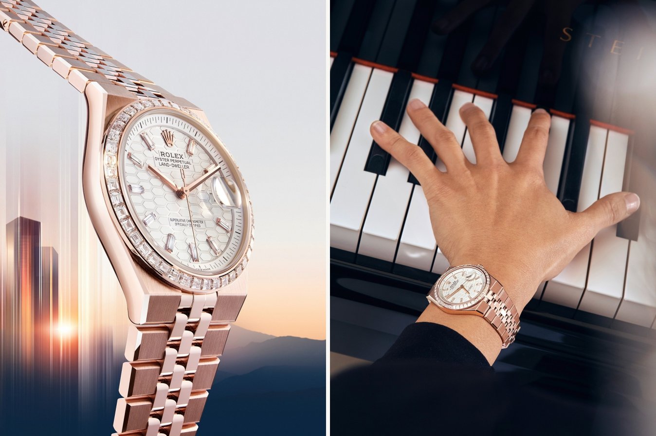 Rolex Land-Dweller watches in 18ct Everose gold with diamond-set bezel, and Oystersteel with a fluted bezel