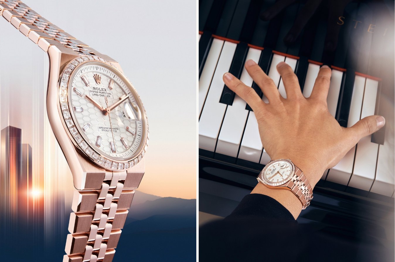 Details of the 18ct rose gold Rolex Land-Dweller watch