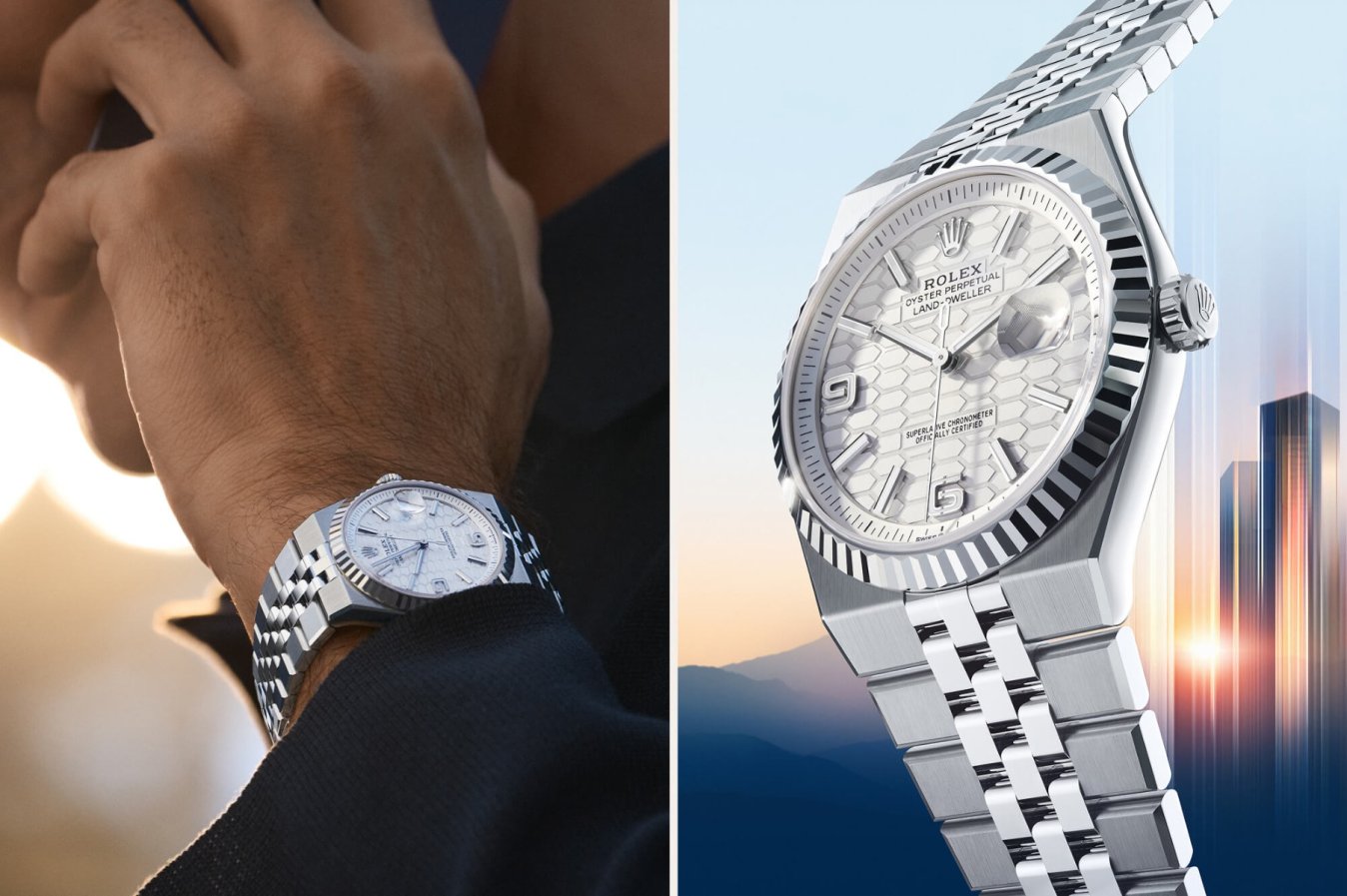 Close-up details of the Rolex Land-Dweller 40 in Rolesor