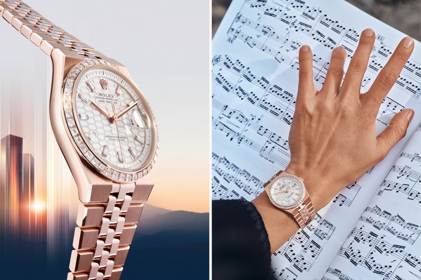 Details of the 18ct rose gold Rolex Land-Dweller watch