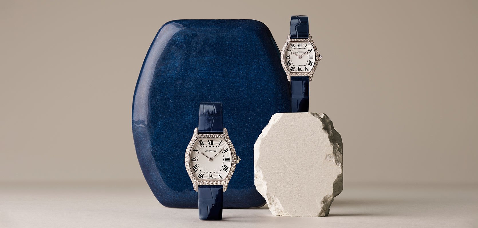 Two Cartier Tortue models with diamonds in 18ct white gold and alligator leather.