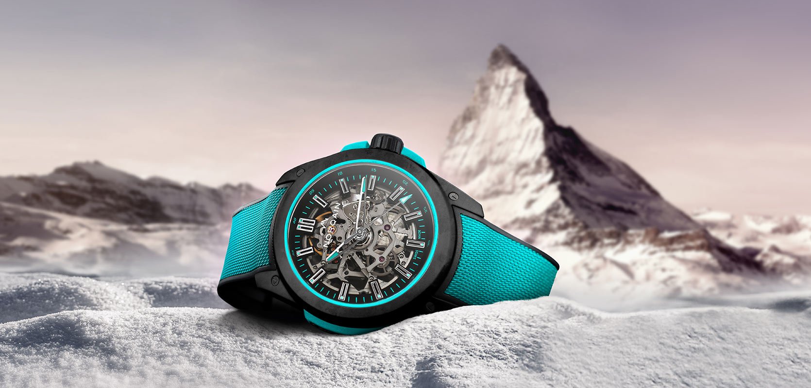 A NORQAIN watch featuring a turquoise strap, with black accents including the case and a skeleton dial. Set against a backdrop of the Matterhorn mountain. 