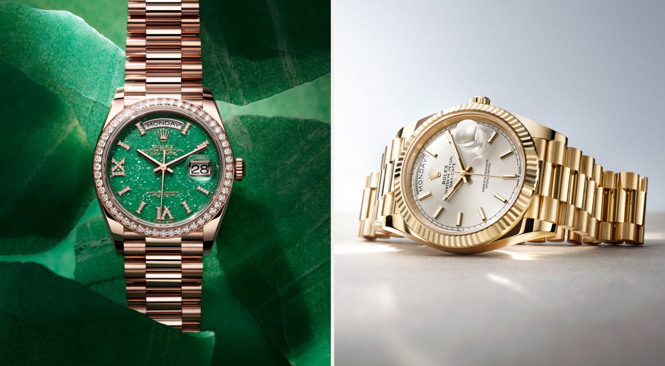 Rolex Day-Date watches with green dial in 18ct Everose gold and 18ct yellow gold.