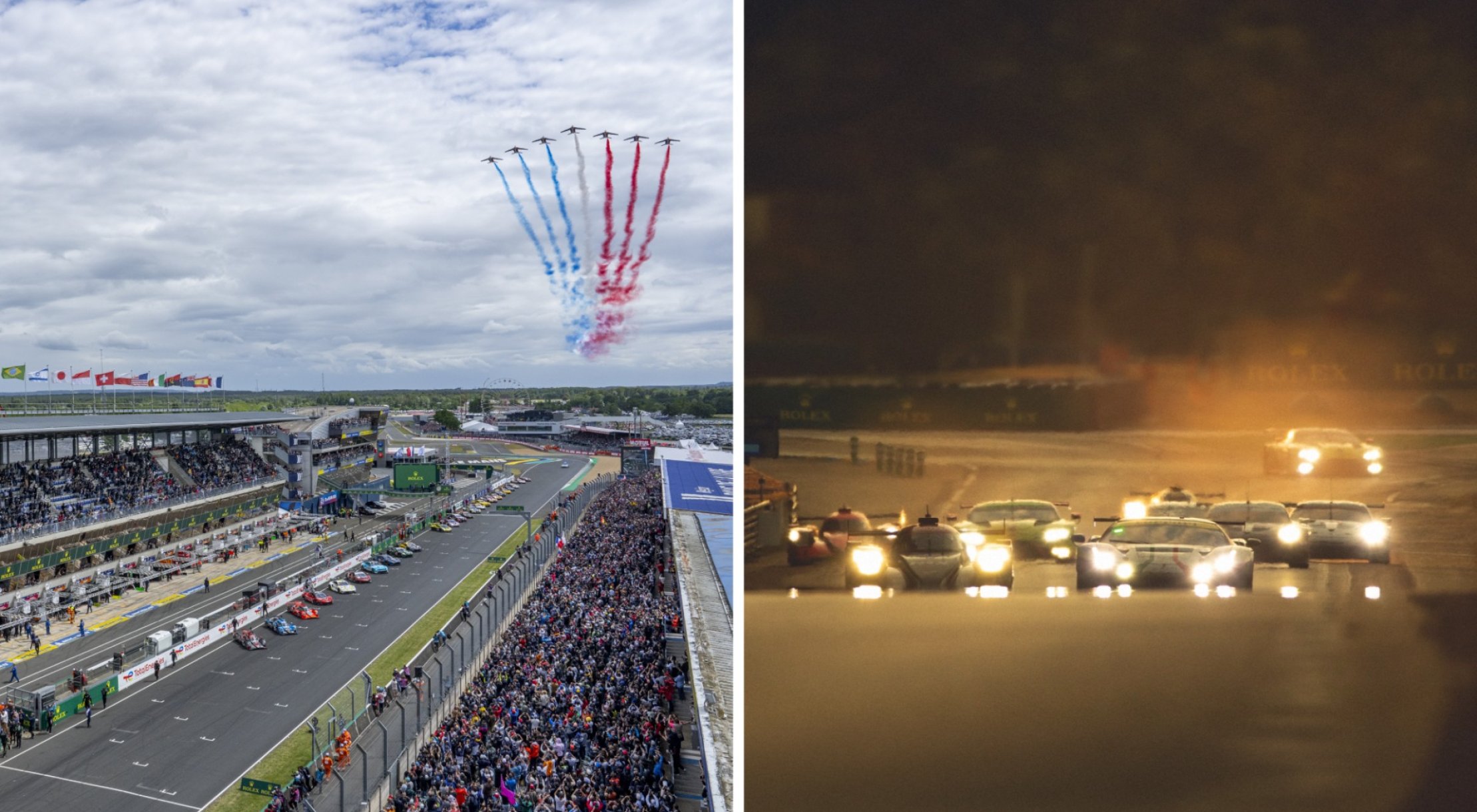 Day and night imagery of the Le Mans race, with cars on the track