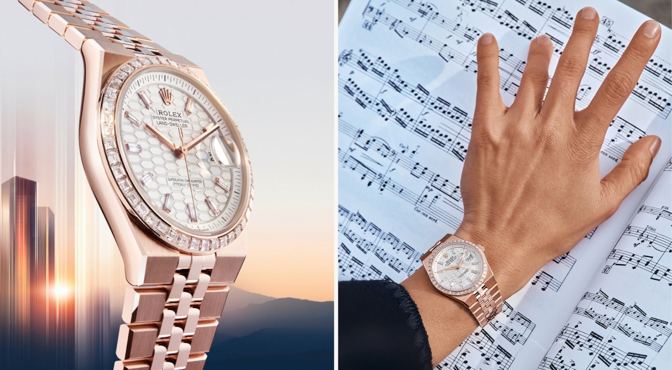 Details of the 18ct rose gold Rolex Land-Dweller watch