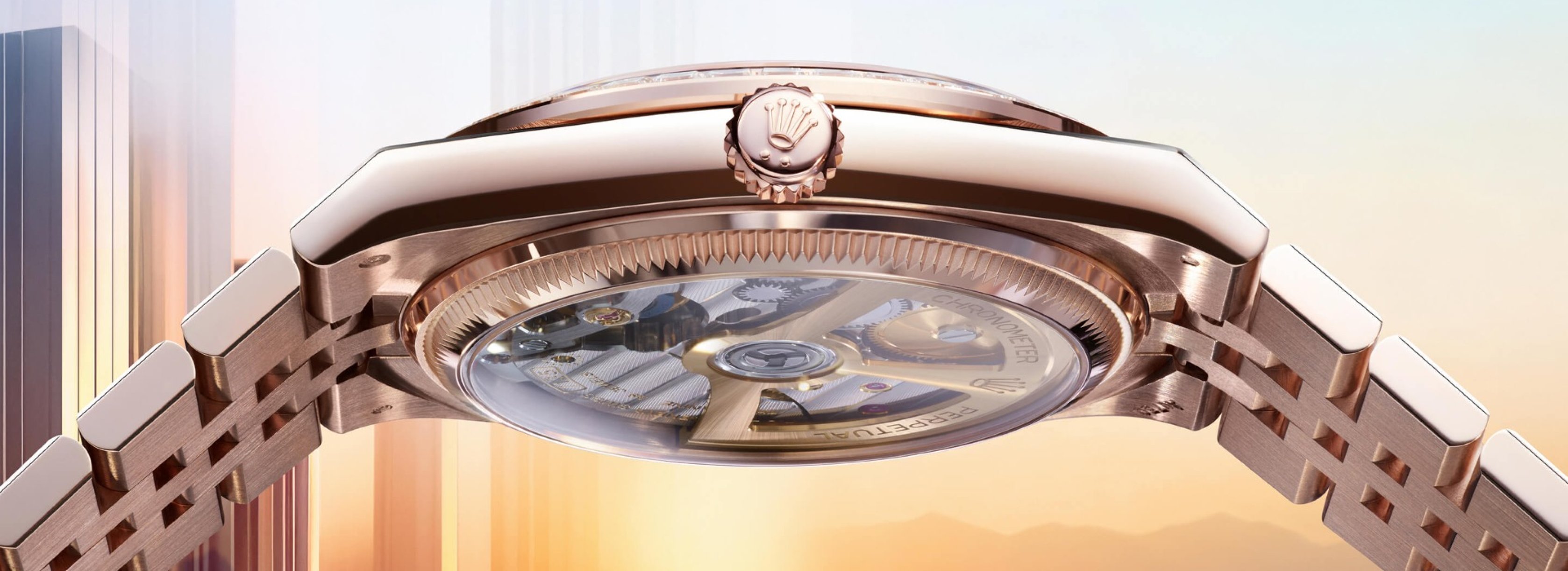 Reverse angle of the new 18ct rose gold Land-Dweller, revealing the movement