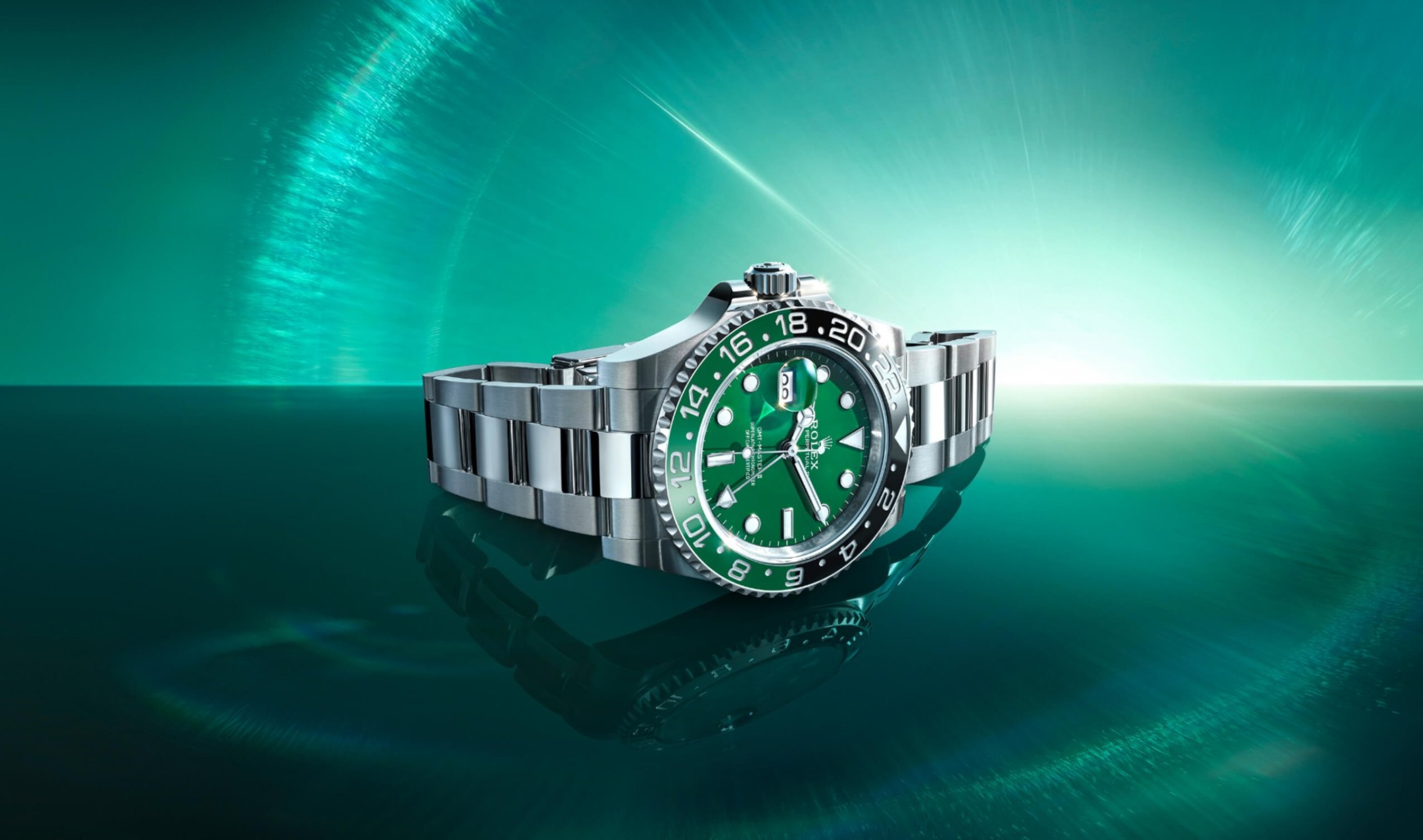 Rolex GMT-Master II watch with a green dial and bicolour bezel